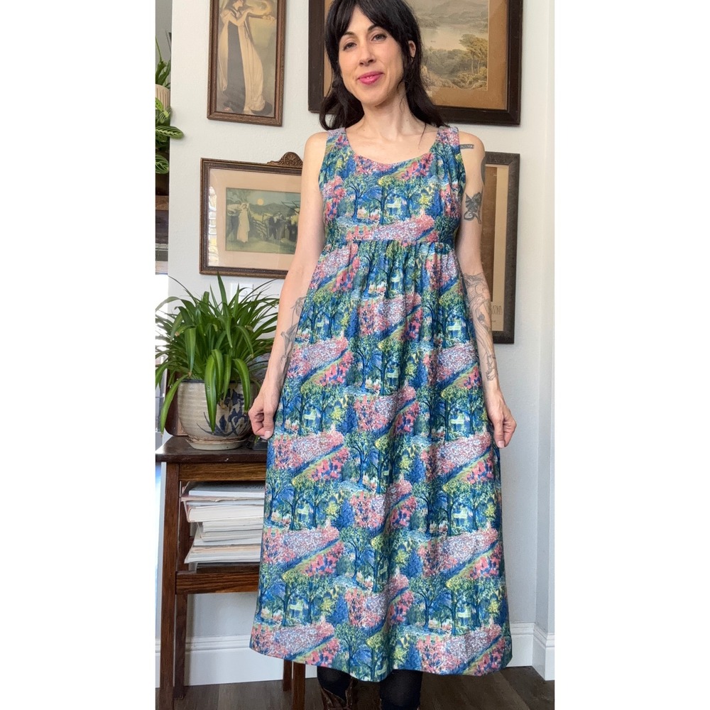 Vintage 60s 70s Landscape Print Maxi Dress Sleeveless Empire Waist Garden Scene